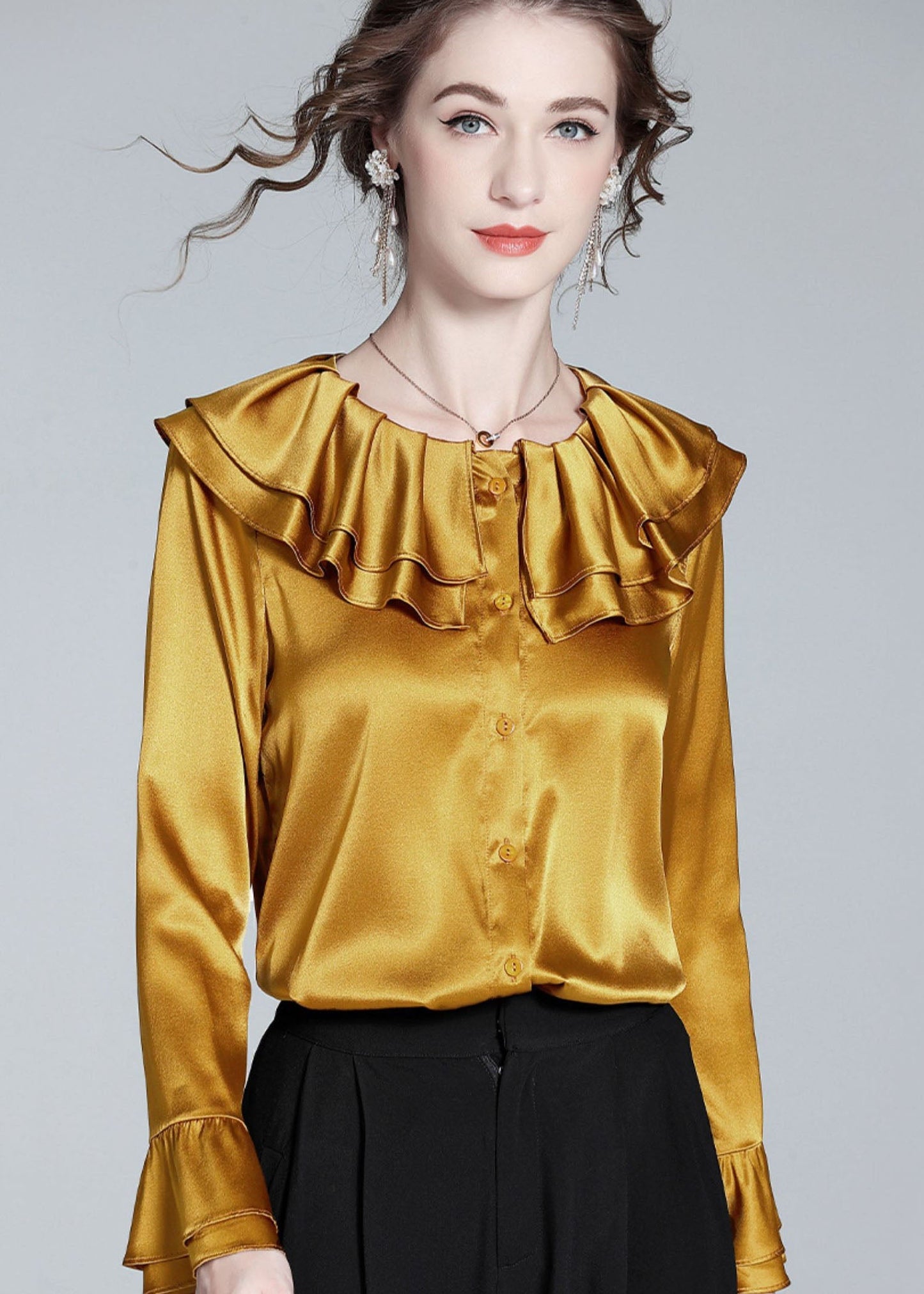 Style Gold Ruffled Patchwork Button Silk Shirt Flare Sleeve LY0976 - fabuloryshop