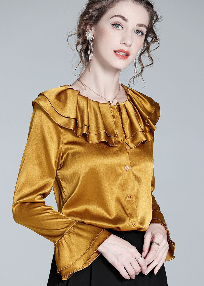 Style Gold Ruffled Patchwork Button Silk Shirt Flare Sleeve LY0976 - fabuloryshop