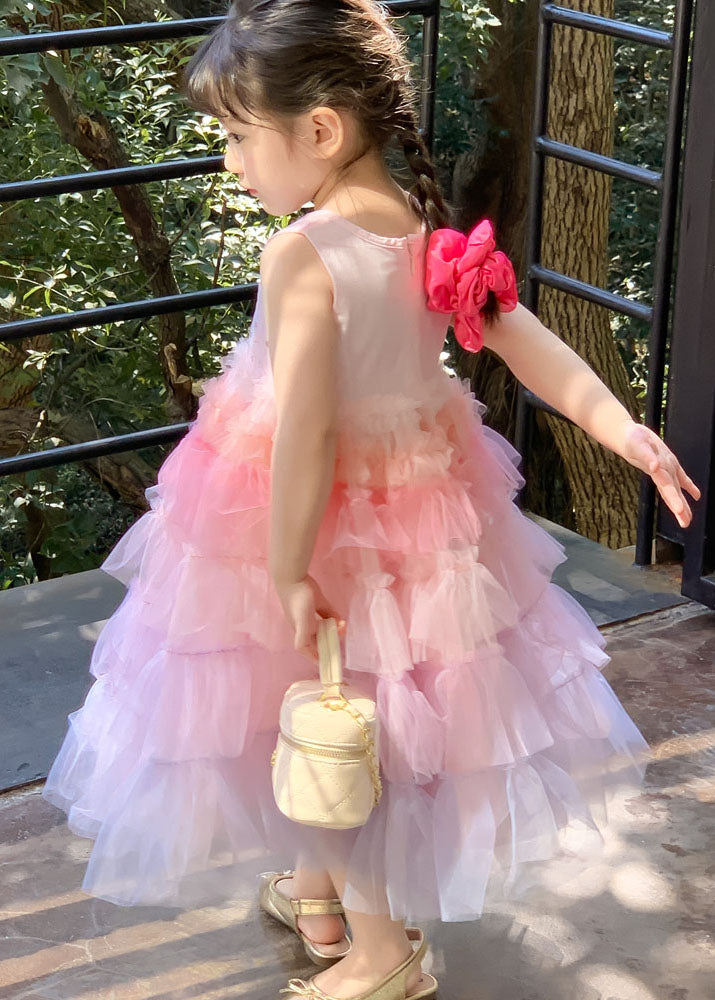 Style Gradient Pink O Neck Ruffled Patchwork Tulle Baby Girls Dresses Sleeveless LY6534 - fabuloryshop