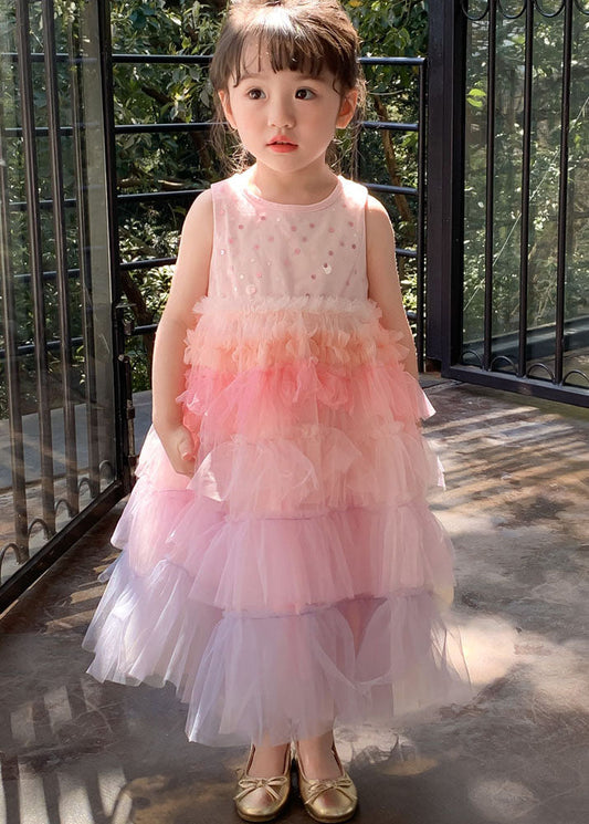 Style Gradient Pink O Neck Ruffled Patchwork Tulle Baby Girls Dresses Sleeveless LY6534 - fabuloryshop