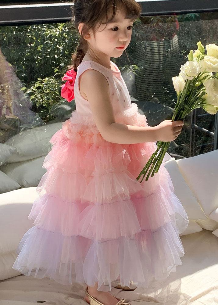 Style Gradient Pink O Neck Ruffled Patchwork Tulle Baby Girls Dresses Sleeveless LY6534 - fabuloryshop