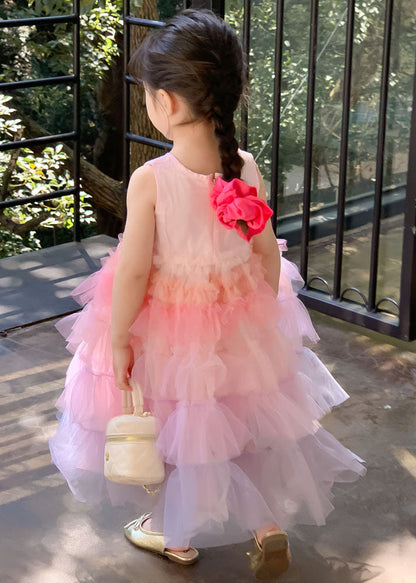 Style Gradient Pink O Neck Ruffled Patchwork Tulle Baby Girls Dresses Sleeveless LY6534 - fabuloryshop