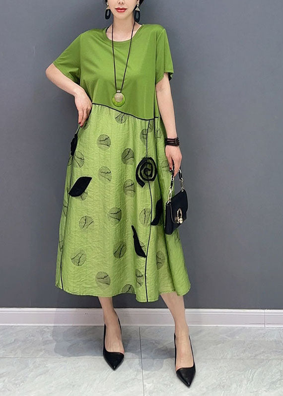 Style Green O-Neck Patchwork Floral Cotton Long Dress Summer LY1574 - fabuloryshop