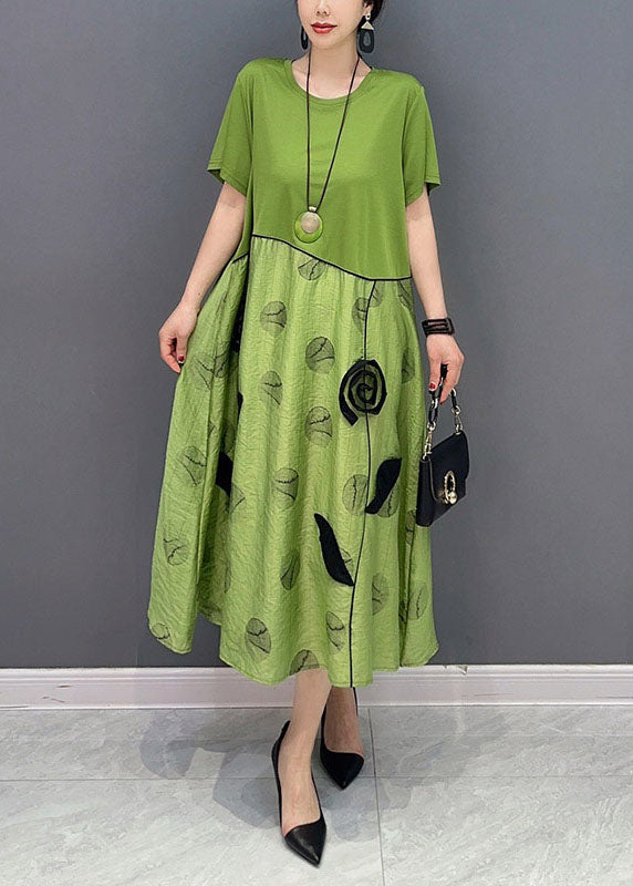 Style Green O-Neck Patchwork Floral Cotton Long Dress Summer LY1574 - fabuloryshop