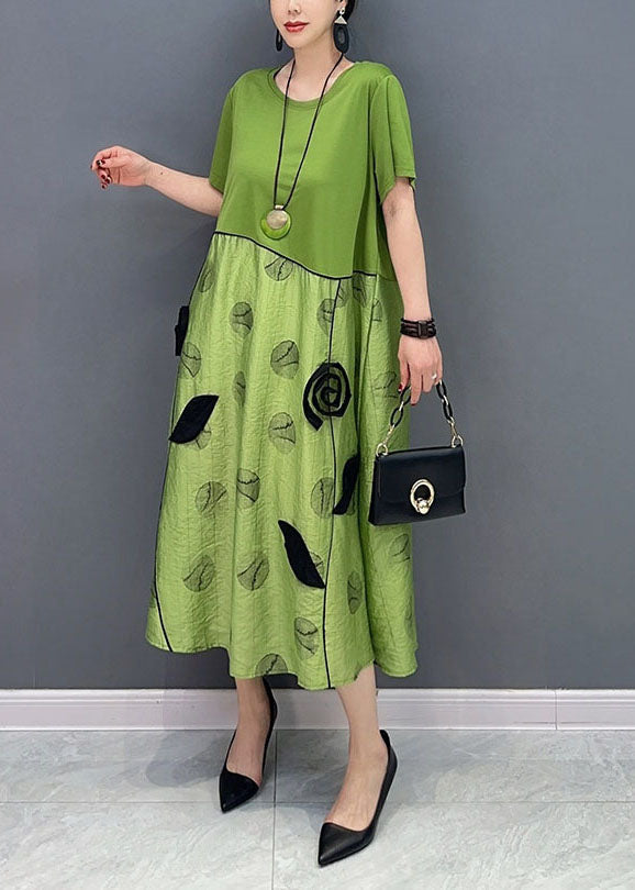 Style Green O-Neck Patchwork Floral Cotton Long Dress Summer LY1574 - fabuloryshop