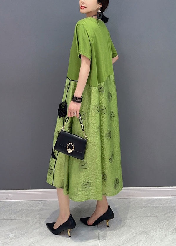 Style Green O-Neck Patchwork Floral Cotton Long Dress Summer LY1574 - fabuloryshop