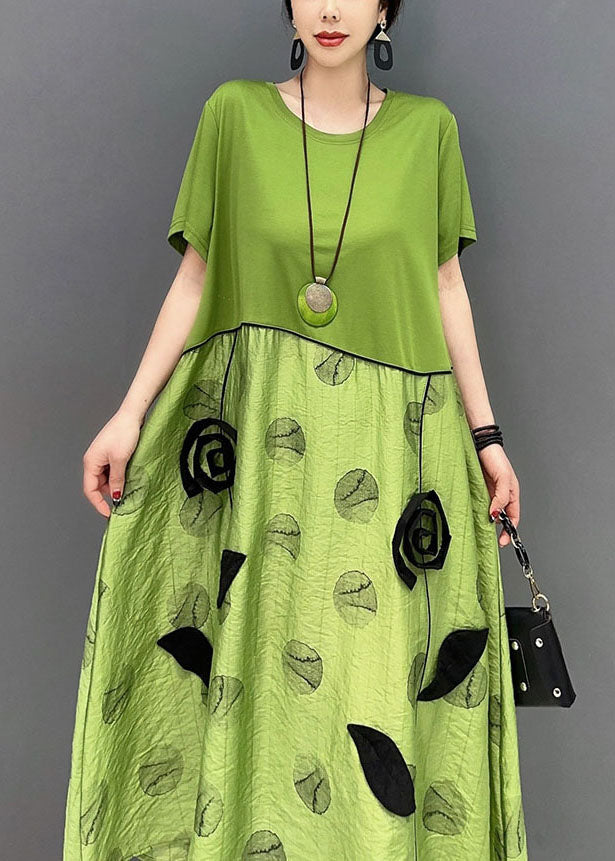 Style Green O-Neck Patchwork Floral Cotton Long Dress Summer LY1574 - fabuloryshop