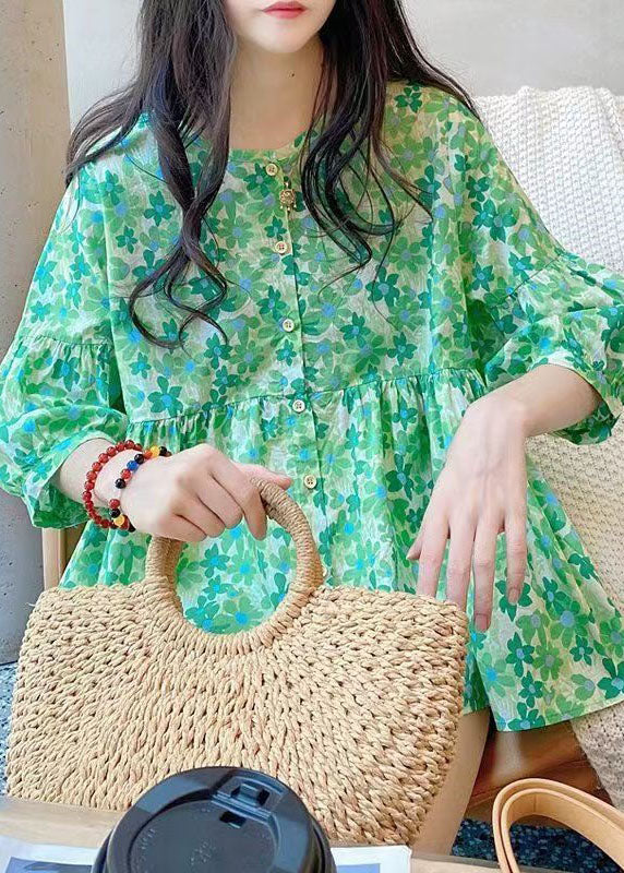 Style Green O Neck Print Wrinkled Cotton Shirt Top Summer LY2901