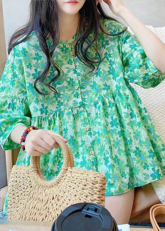 Style Green O Neck Print Wrinkled Cotton Shirt Top Summer LY2901 - fabuloryshop