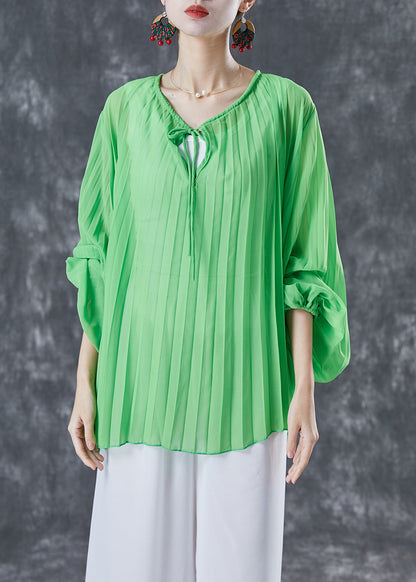 Style Green Oversized Wrinkled Lace Up Chiffon Blouse Top Lantern Sleeve TA1061 - fabuloryshop