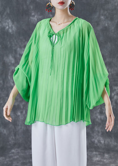 Style Green Oversized Wrinkled Lace Up Chiffon Blouse Top Lantern Sleeve TA1061 - fabuloryshop