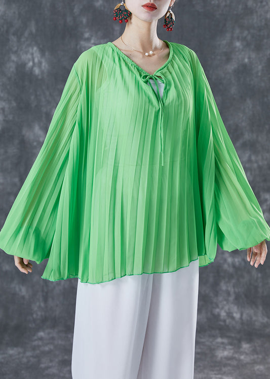 Style Green Oversized Wrinkled Lace Up Chiffon Blouse Top Lantern Sleeve TA1061 - fabuloryshop