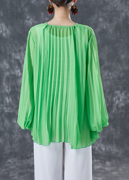 Style Green Oversized Wrinkled Lace Up Chiffon Blouse Top Lantern Sleeve TA1061 - fabuloryshop