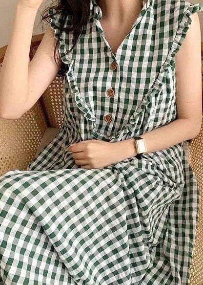 Style Green Plaid Ruffled Patchwork Cotton Dress Sleeveless LY2077 - fabuloryshop