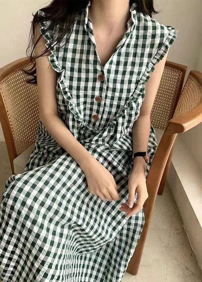 Style Green Plaid Ruffled Patchwork Cotton Dress Sleeveless LY2077 - fabuloryshop