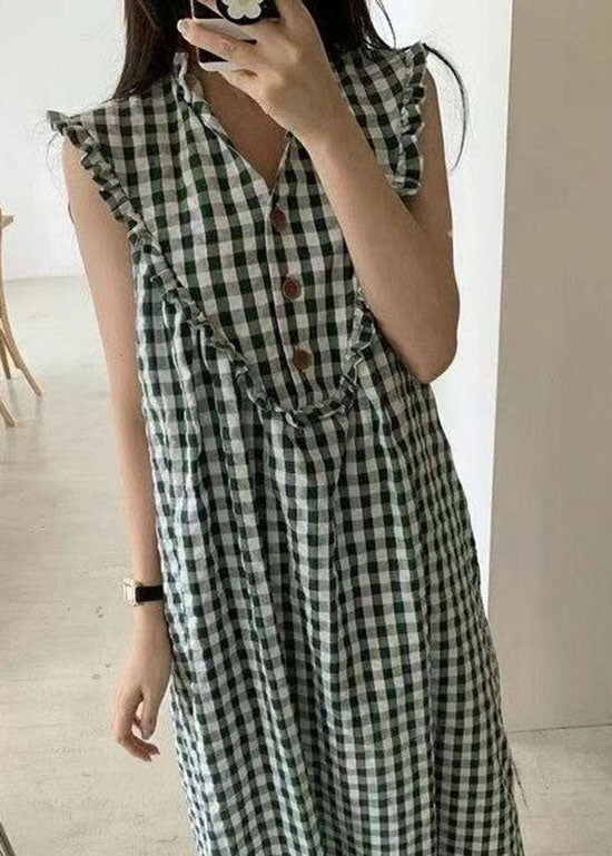 Style Green Plaid Ruffled Patchwork Cotton Dress Sleeveless LY2077 - fabuloryshop