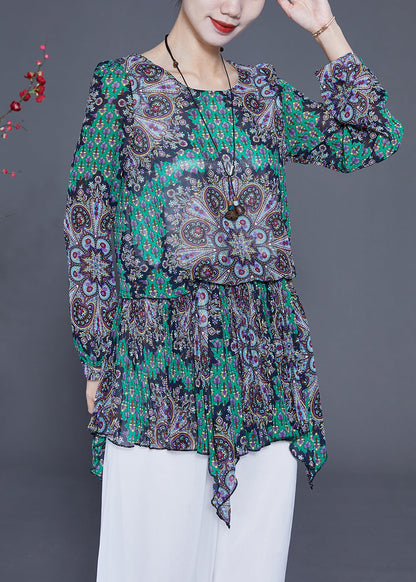 Style Green Print Asymmetrical Design Chiffon Blouses Spring LY2334 - fabuloryshop