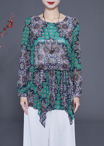 Style Green Print Asymmetrical Design Chiffon Blouses Spring LY2334 - fabuloryshop