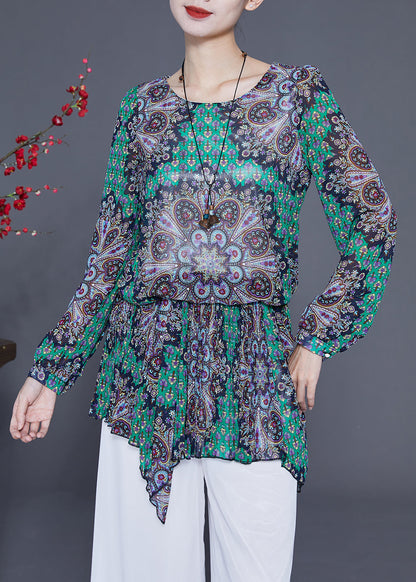 Style Green Print Asymmetrical Design Chiffon Blouses Spring LY2334 - fabuloryshop