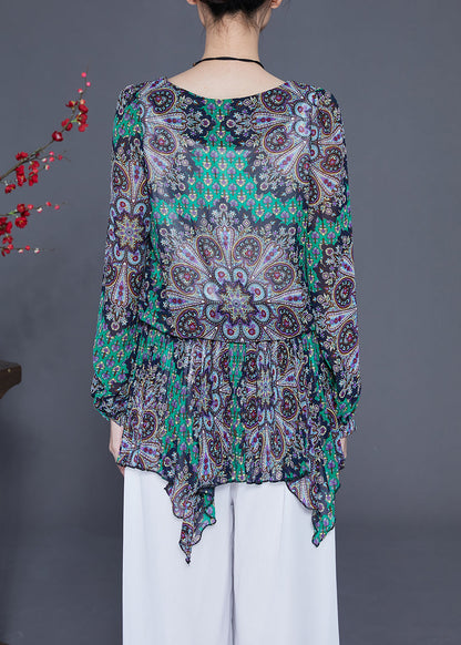 Style Green Print Asymmetrical Design Chiffon Blouses Spring LY2334 - fabuloryshop