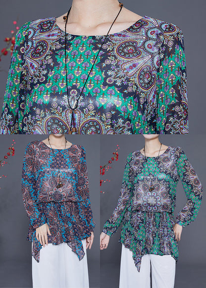 Style Green Print Asymmetrical Design Chiffon Blouses Spring LY2334 - fabuloryshop