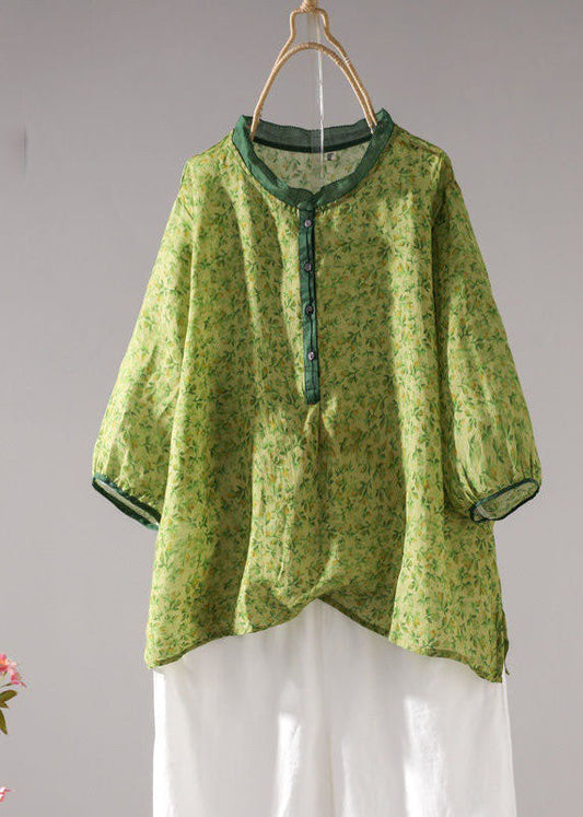 Style Green Stand Collar Print Linen Shirt Top Half Sleeve LY1429 - fabuloryshop