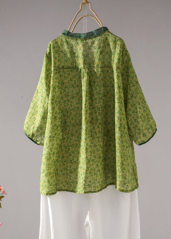 Style Green Stand Collar Print Linen Shirt Top Half Sleeve LY1429 - fabuloryshop