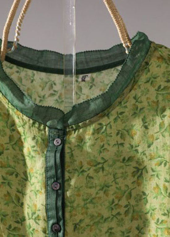 Style Green Stand Collar Print Linen Shirt Top Half Sleeve LY1429 - fabuloryshop