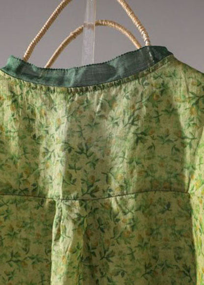 Style Green Stand Collar Print Linen Shirt Top Half Sleeve LY1429 - fabuloryshop