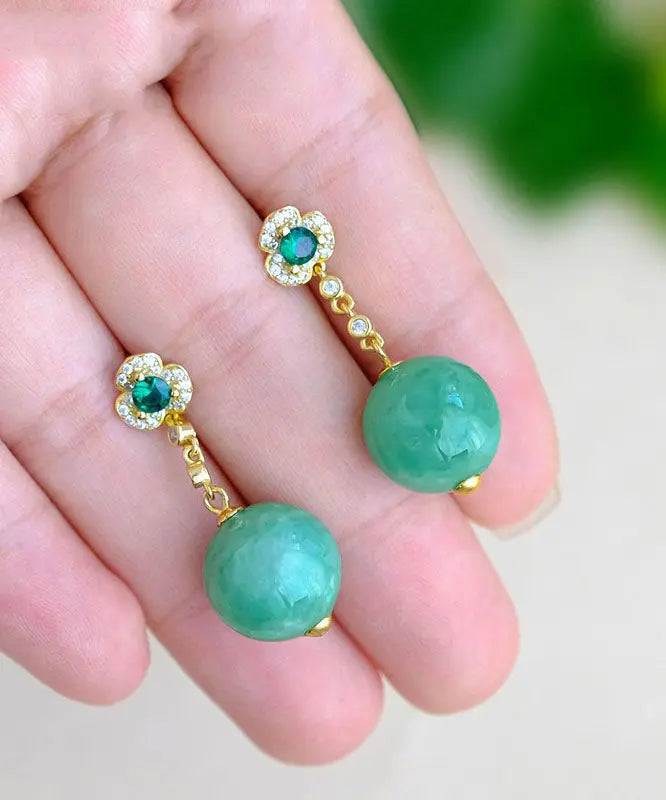 Style Green Sterling Silver Overgild Zircon Jadeite Drop Earrings Ada Fashion