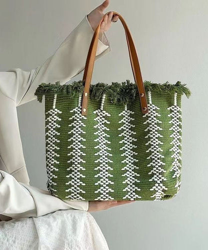 Style Green Tassel Knit Fabric Canvas Tote Handbag LY1386 - fabuloryshop