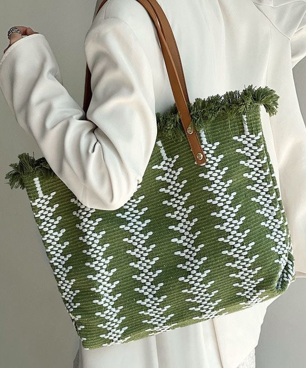 Style Green Tassel Knit Fabric Canvas Tote Handbag LY1386 - fabuloryshop