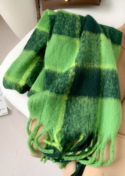 Style Green Tasseled Plaid Faux Cashmere Scarf Ada Fashion