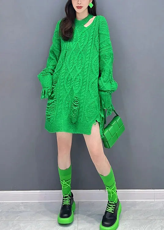 Style Green Tasseled Ripped Patchwork Knit Mid Sweater Dress Fall Ada Fashion