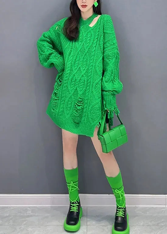 Style Green Tasseled Ripped Patchwork Knit Mid Sweater Dress Fall Ada Fashion