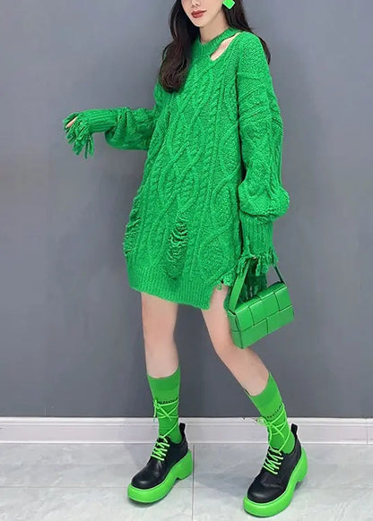 Style Green Tasseled Ripped Patchwork Knit Mid Sweater Dress Fall Ada Fashion