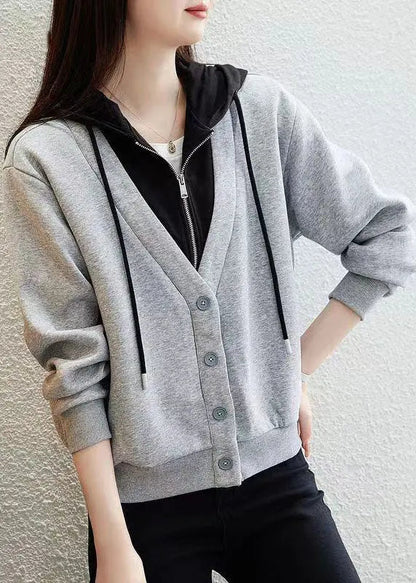 Style Grey Button Patchwork False Two Pieces Cotton Hooded Coat Fall Ada Fashion