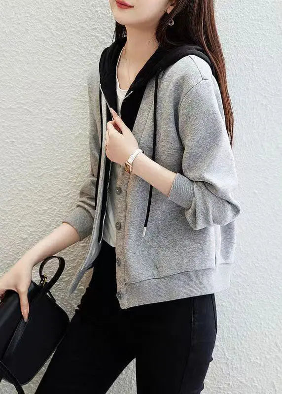 Style Grey Button Patchwork False Two Pieces Cotton Hooded Coat Fall Ada Fashion