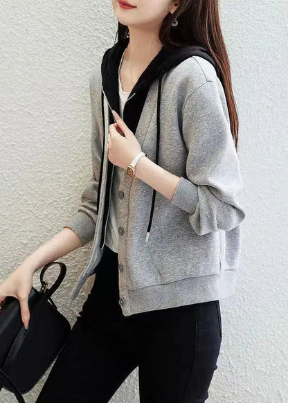 Style Grey Button Patchwork False Two Pieces Cotton Hooded Coat Fall Ada Fashion