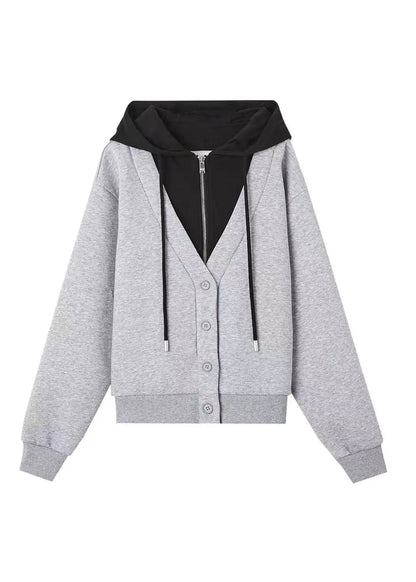 Style Grey Button Patchwork False Two Pieces Cotton Hooded Coat Fall Ada Fashion