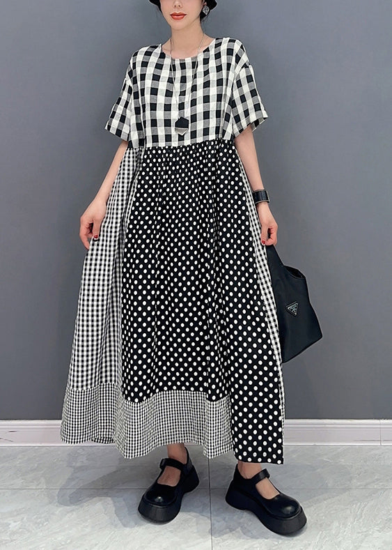 Style Grey Plaid Patchwork Dot Cotton A Line Dress Summer LY0579