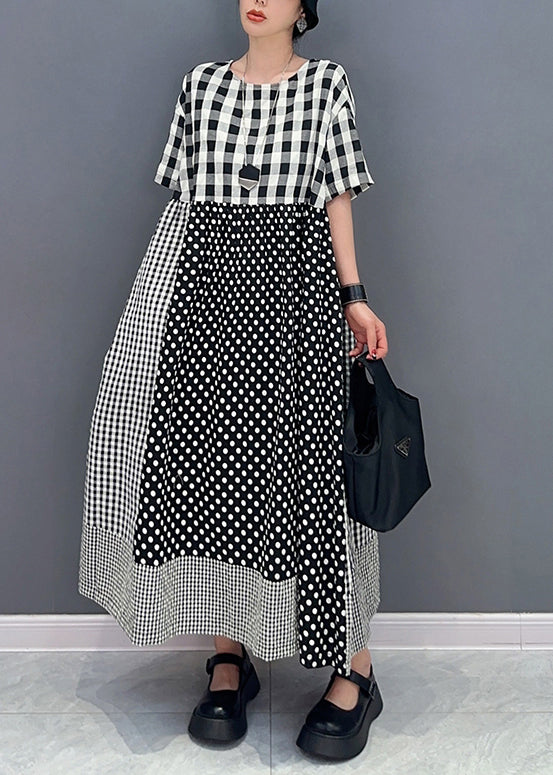 Style Grey Plaid Patchwork Dot Cotton A Line Dress Summer LY0579 - fabuloryshop