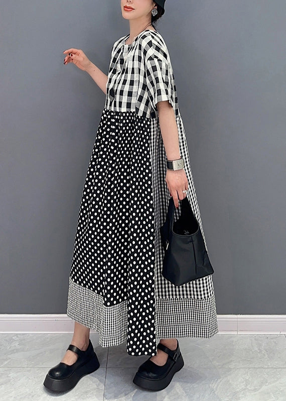 Style Grey Plaid Patchwork Dot Cotton A Line Dress Summer LY0579 - fabuloryshop