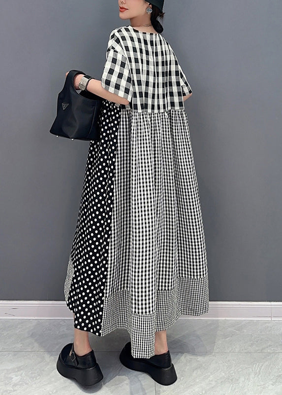 Style Grey Plaid Patchwork Dot Cotton A Line Dress Summer LY0579