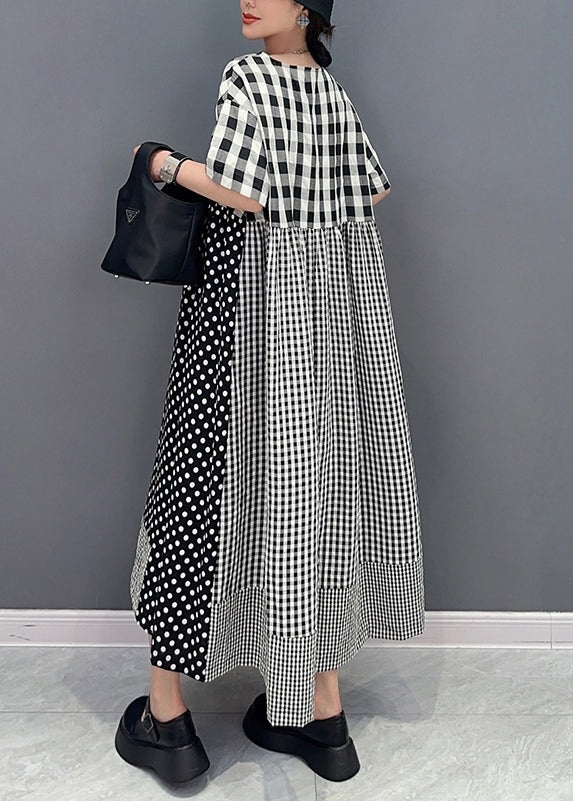 Style Grey Plaid Patchwork Dot Cotton A Line Dress Summer LY0579 - fabuloryshop