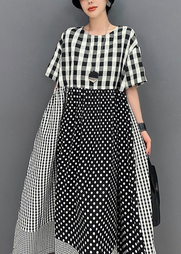 Style Grey Plaid Patchwork Dot Cotton A Line Dress Summer LY0579 - fabuloryshop