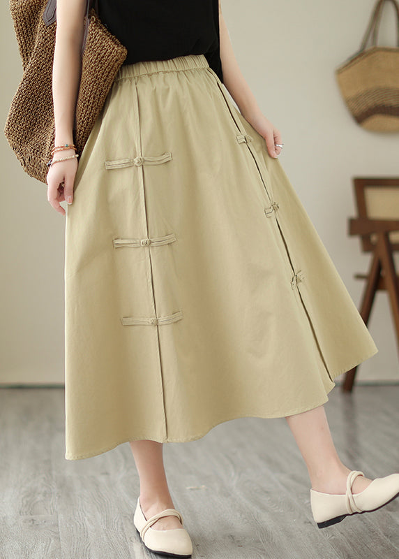 Style Khaki Chinese Button Cotton A Line Skirt Summer LY7330 - fabuloryshop