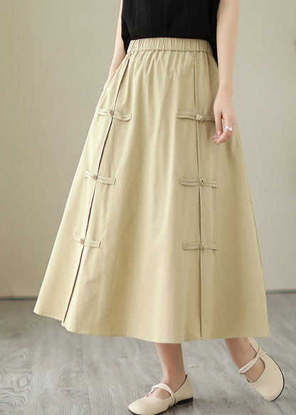 Style Khaki Chinese Button Cotton A Line Skirt Summer LY7330 - fabuloryshop