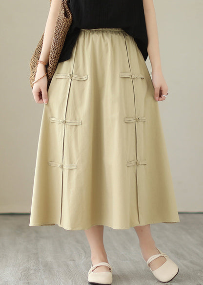 Style Khaki Chinese Button Cotton A Line Skirt Summer LY7330 - fabuloryshop