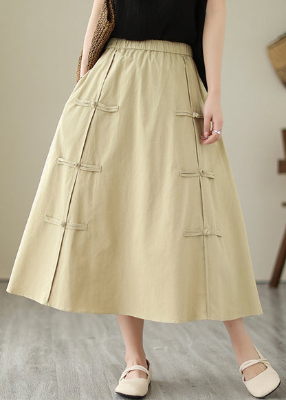 Style Khaki Chinese Button Cotton A Line Skirt Summer LY7330 - fabuloryshop